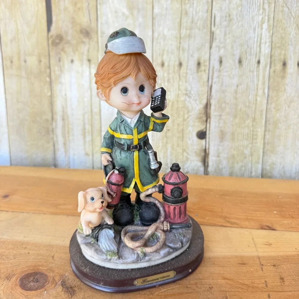 Montefiori Collection FIREFIGHTER Figure with PUPPY & Hydrant 2000 Signed Rare